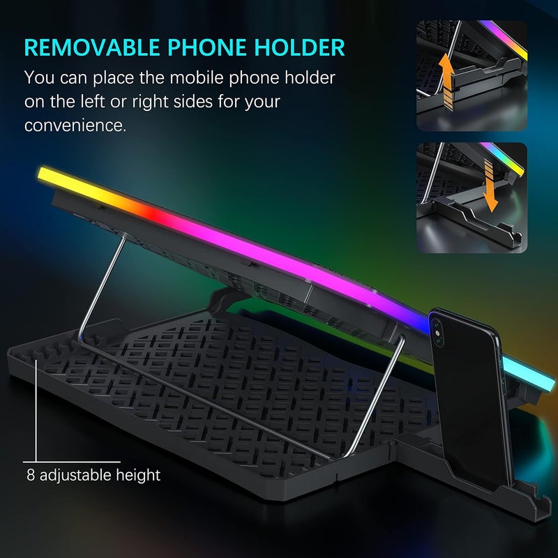 TopMate C12 Laptop Cooling Pad RGB Gaming Notebook Cooler for Desk and Lap Use, Laptop Fan Stand 8 Adjustable Heights with 6 Quiet Fans and Phone Holder, for 15.6-17.3 Inch Laptops-Ice Blue LED Light - Image 4